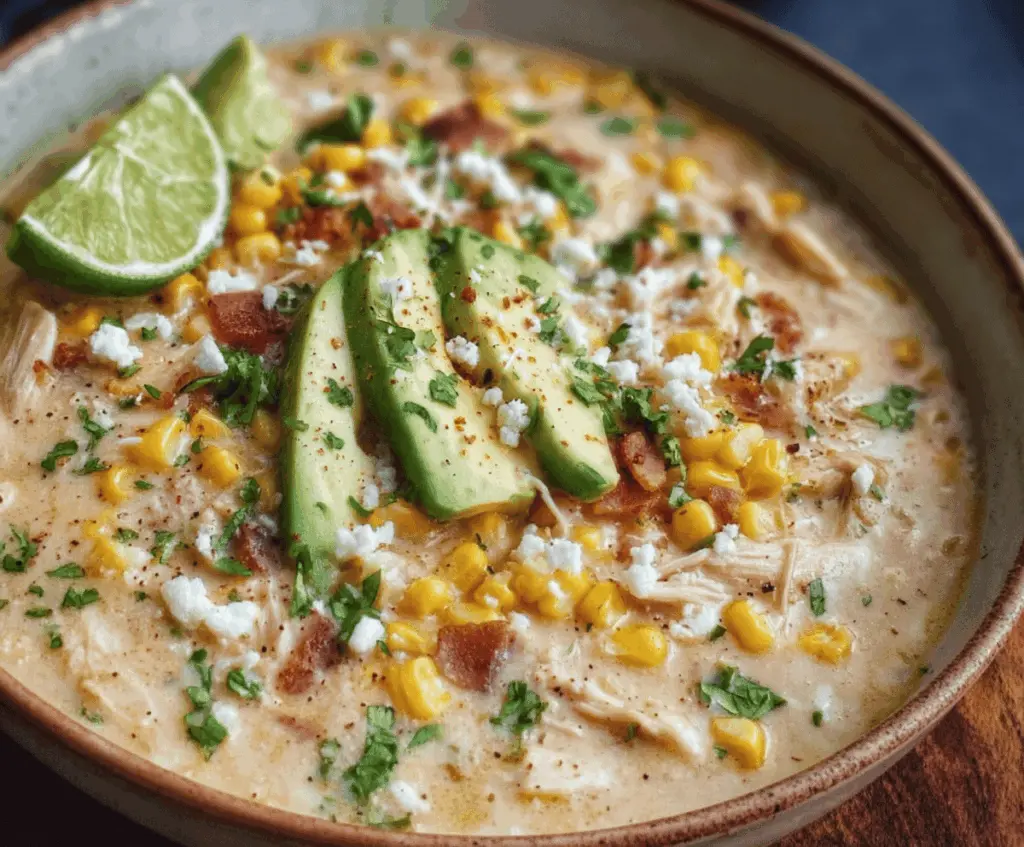 Creamy Mexican Street Corn White Chicken Chili topped with grilled corn, fresh cilantro, and shredded cheese in a bowl