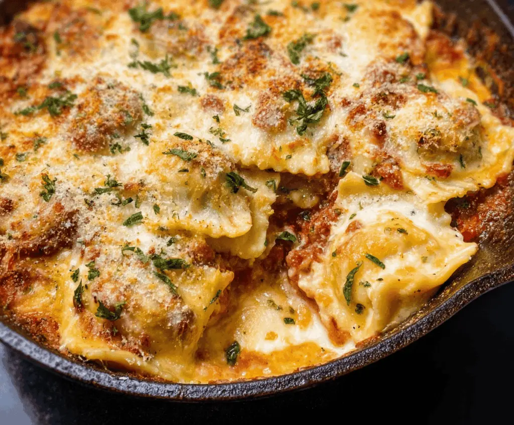 Delicious Million Dollar Ravioli Casserole topped with melted cheese and fresh herbs, ready to serve