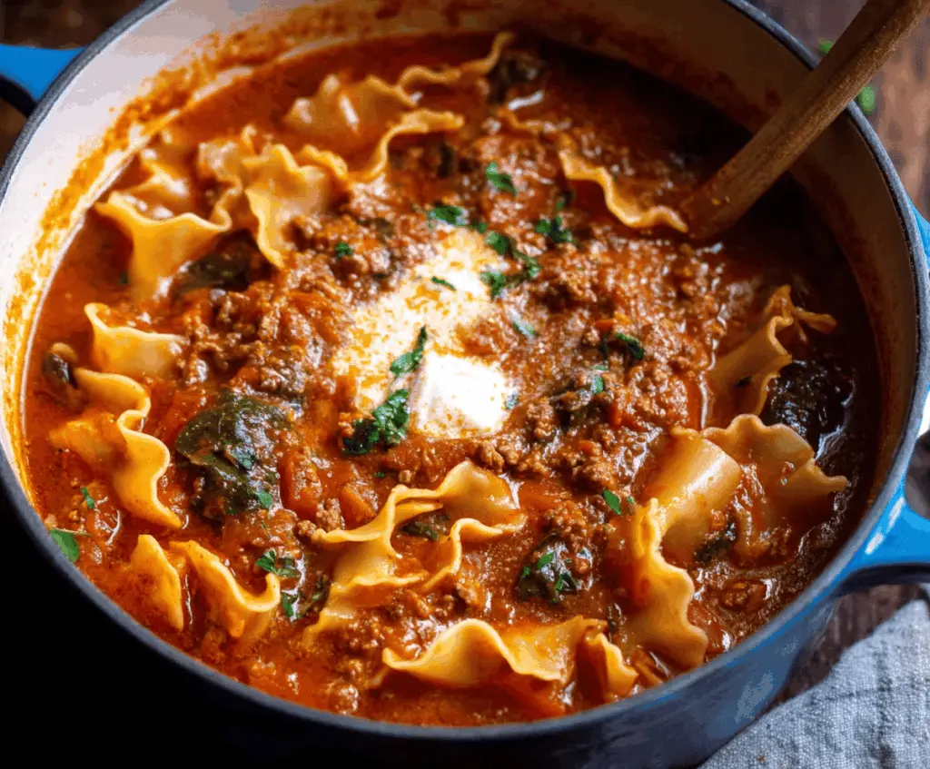 Delicious One Pot Lasagna Soup in a bowl topped with melted cheese and fresh herbs, perfect for a comforting meal