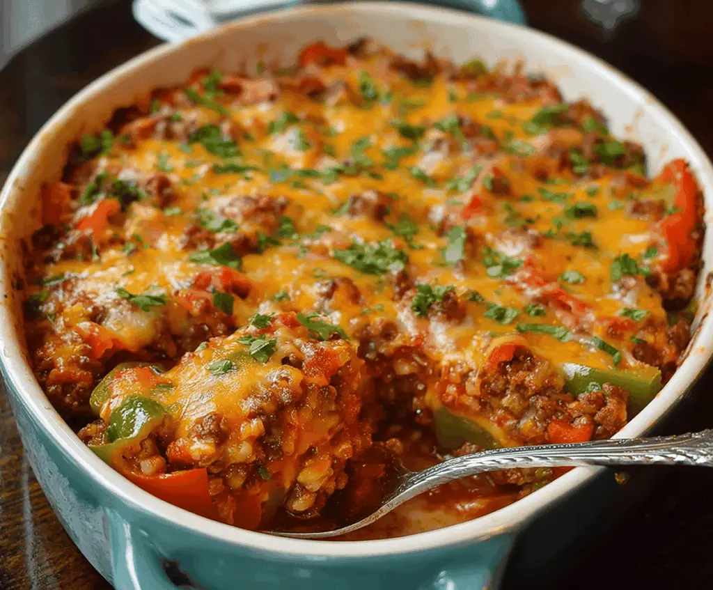 Delicious Pioneer Woman Stuffed Pepper Casserole served in a baking dish with melted cheese and fresh herbs, perfect for a comforting family meal.
