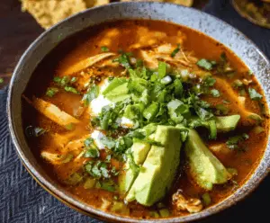 Creamy Poblano Chicken Tortilla Soup garnished with shredded cheese, cilantro, and tortilla strips in a bowl.