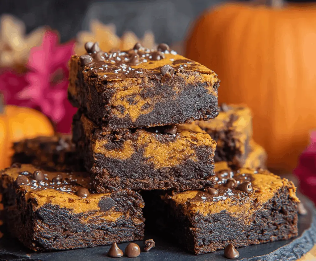 Delicious homemade pumpkin brownies with a fudgy texture and festive fall flavor, topped with chocolate chips and a sprinkle of powdered sugar.