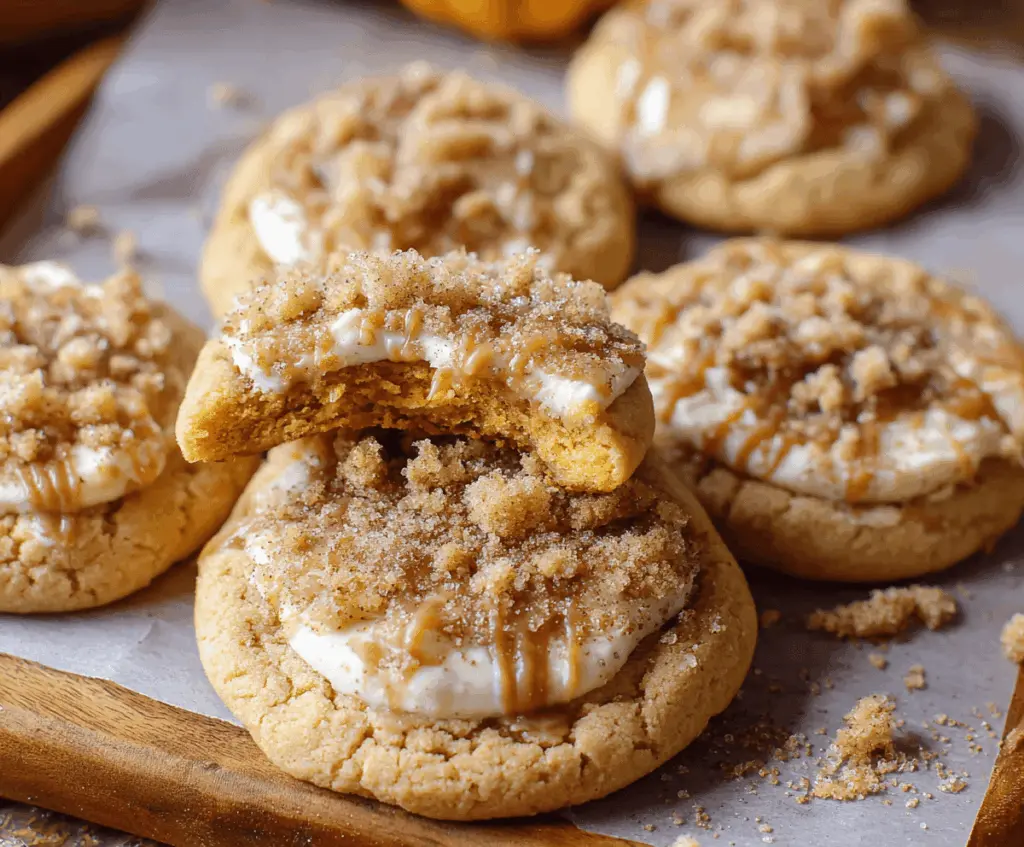 Delicious Pumpkin Cheesecake Cookies with creamy filling and spiced pumpkin flavor on a baking tray