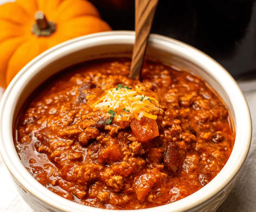Spicy pumpkin chili topped with fresh herbs and cheese, served in a bowl with diced vegetables and a warm slice of bread