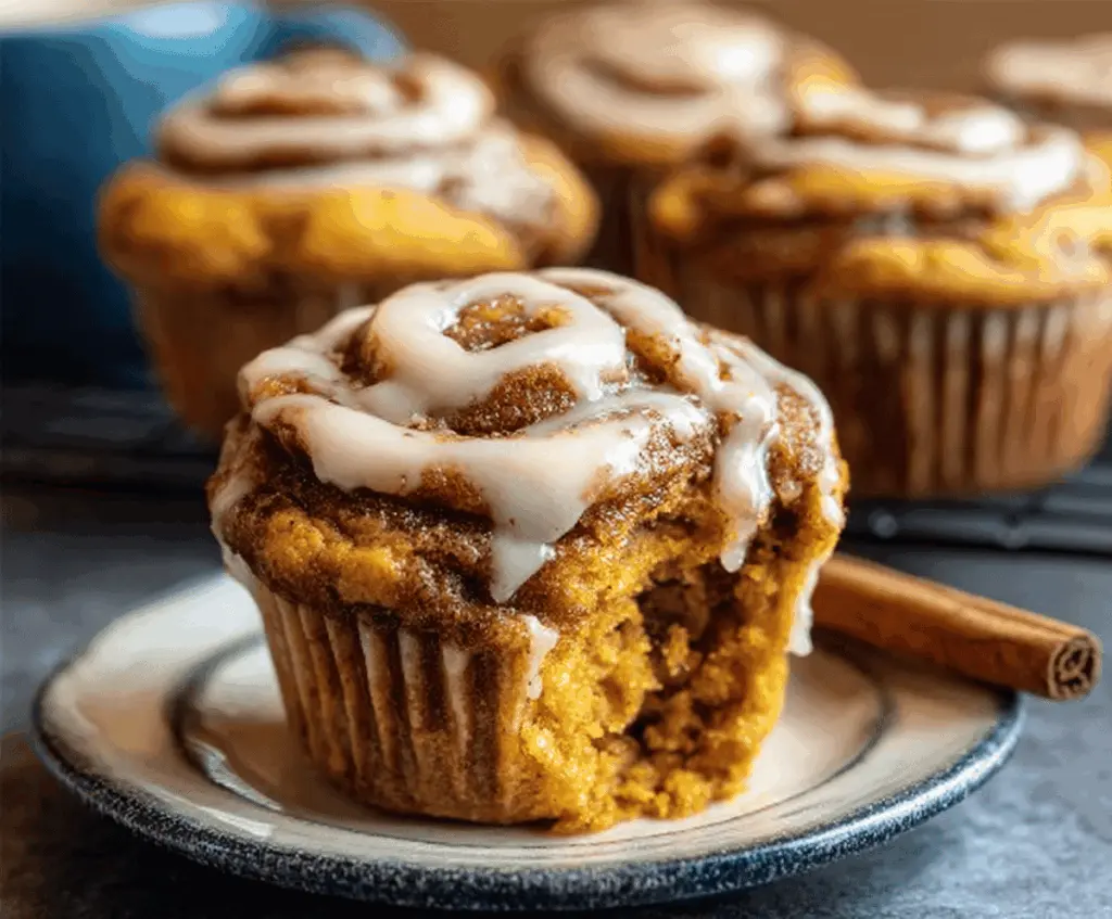 Delicious pumpkin cinnamon roll muffins topped with cinnamon glaze and sprinkles, ready for fall baking