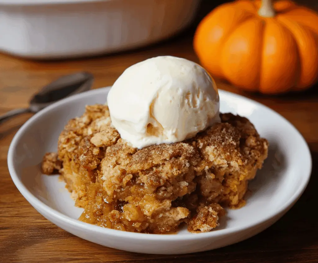 Delicious homemade pumpkin cobbler topped with golden crust and whipped cream, perfect for fall desserts