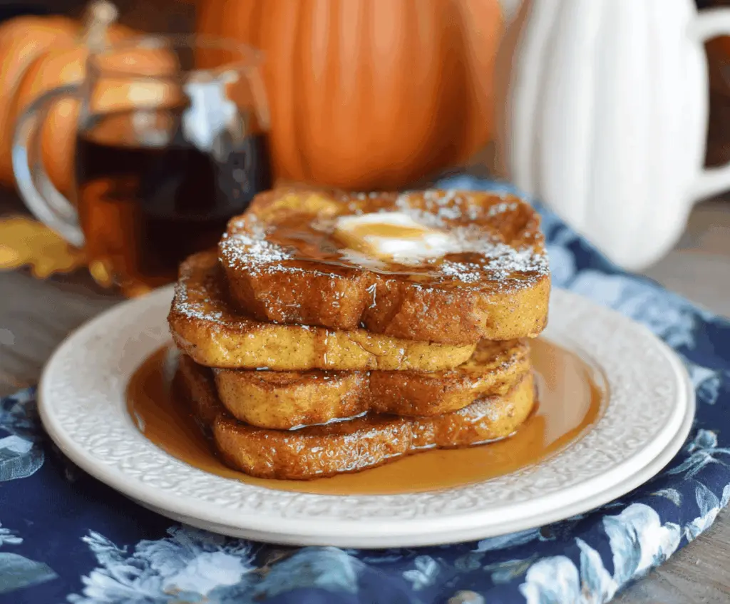 Creamy pumpkin French toast topped with whipped cream and cinnamon, served with fresh maple syrup on a rustic plate.