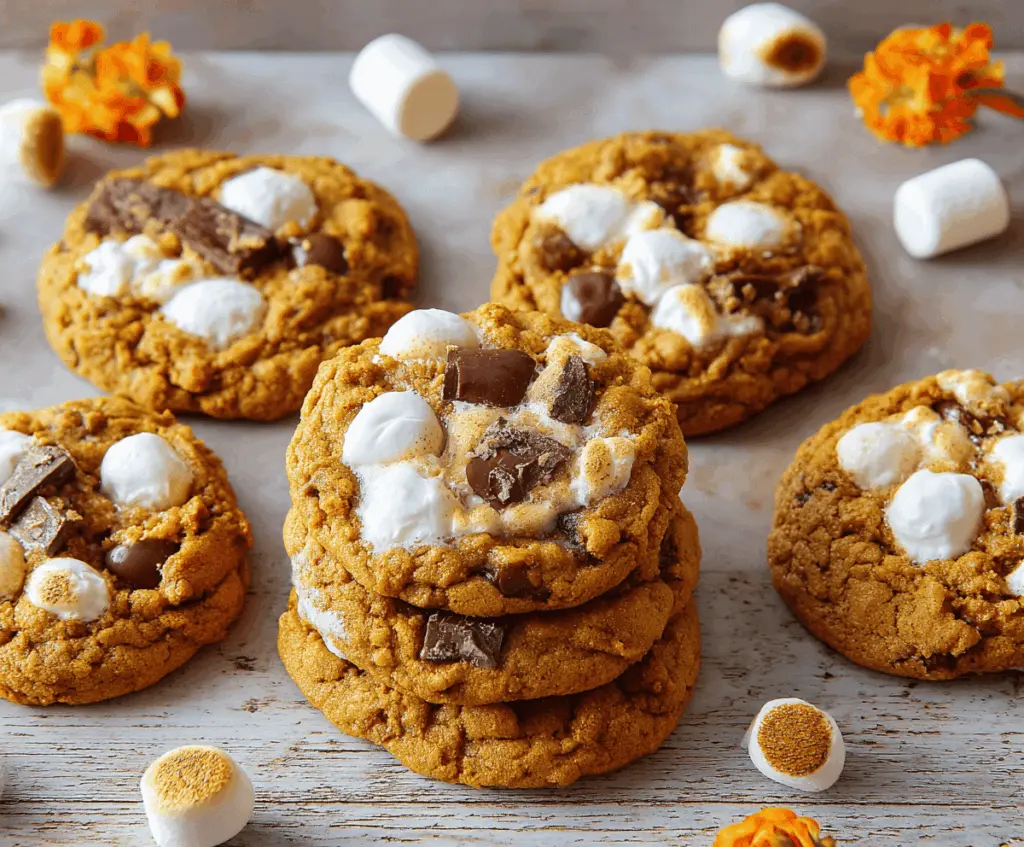 Delicious Pumpkin S'mores Cookies with gooey marshmallows, chocolate, and pumpkin flavor, perfect for fall desserts.