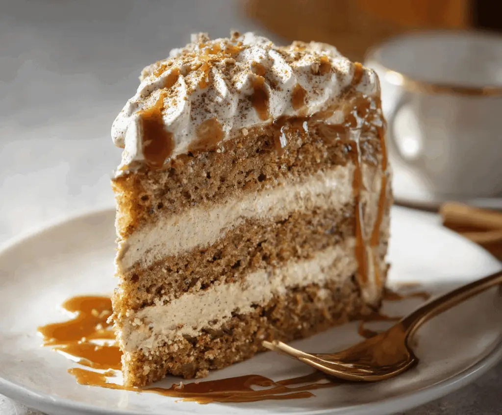 Delicious Pumpkin Spice Latte Cake topped with whipped cream and cinnamon, perfect for fall desserts and holiday celebrations.