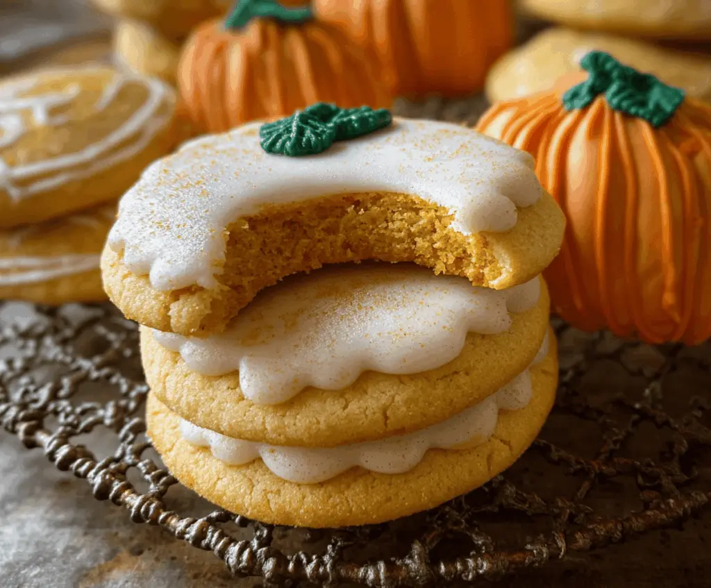 Delicious pumpkin spice sugar cookies decorated with white icing and sprinkles, perfect for fall treats and seasonal baking.