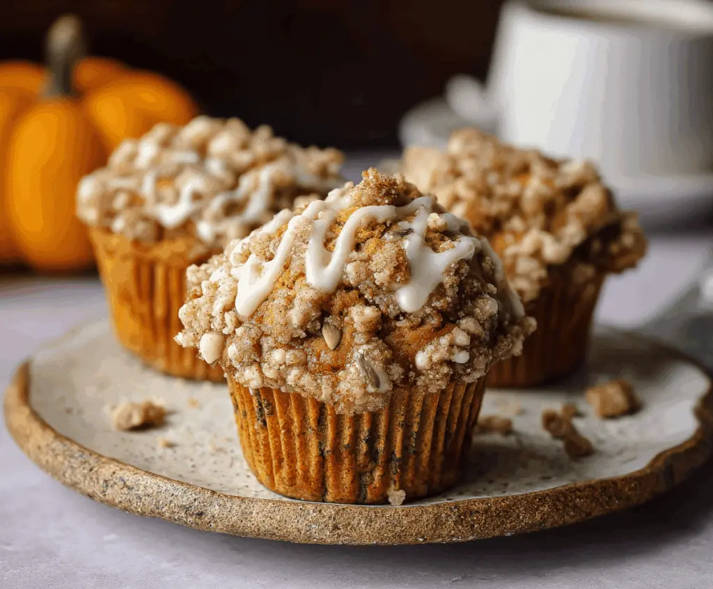 Delicious homemade pumpkin streusel muffins with golden tops and crumbly streusel topping, perfect for fall breakfast or snack.