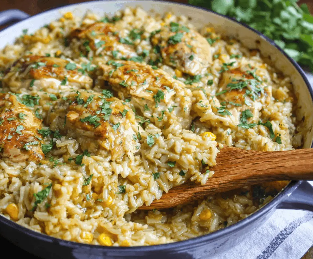 Delicious Salsa Verde Chicken and Rice Casserole topped with melted cheese and fresh cilantro, served on a plate