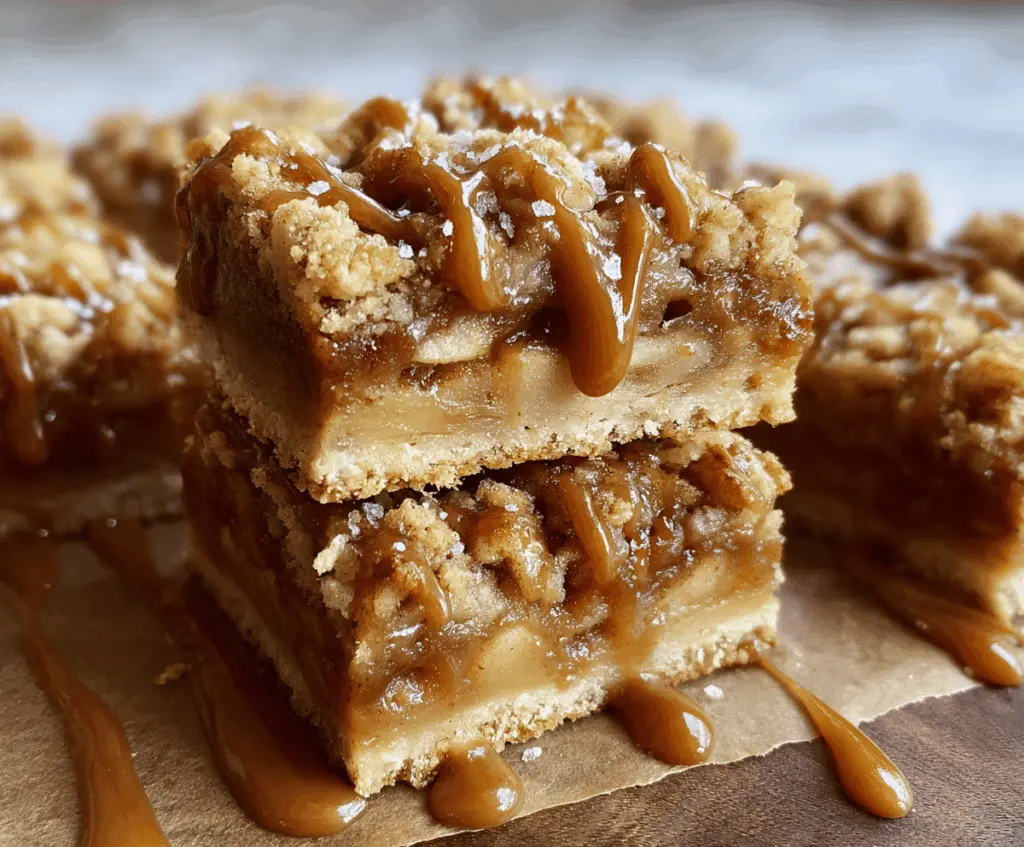 Delicious salted caramel apple bars topped with caramel and chopped nuts, perfect for fall dessert or snacking