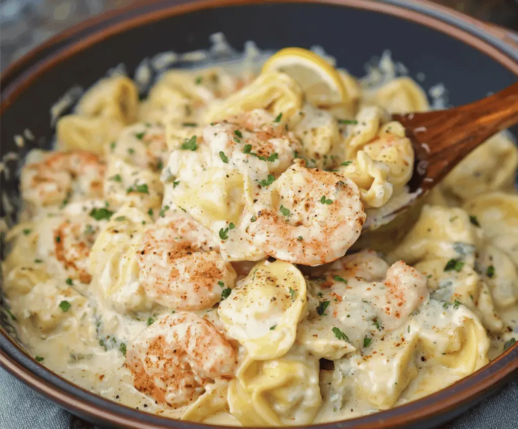 Creamy shrimp tortellini pasta topped with fresh herbs in lemon garlic cream sauce, served in a white bowl on a rustic wooden table.