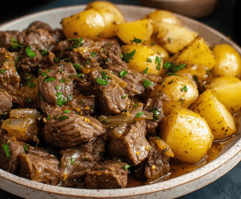 Tender slow cooker garlic butter beef bites with crispy potatoes, garnished with fresh herbs, perfect for a flavorful and easy meal.