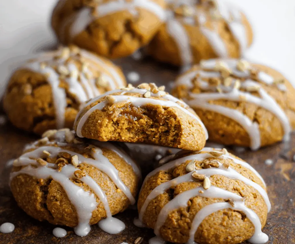 Delicious soft pumpkin pie cookies with cinnamon and nutmeg, topped with whipped cream, on a festive plate