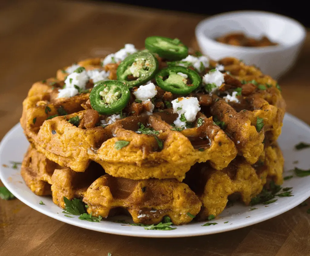 Delicious Spicy Cheddar Jalapeño Cornbread Waffles topped with melted cheese and fresh jalapeño slices on a rustic plate