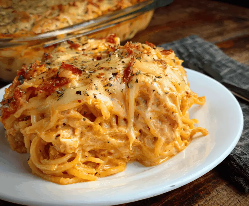 Delicious Spicy Southern Chicken Spaghetti Casserole with melted cheese, crispy toppings, and savory chicken, served hot on a plate