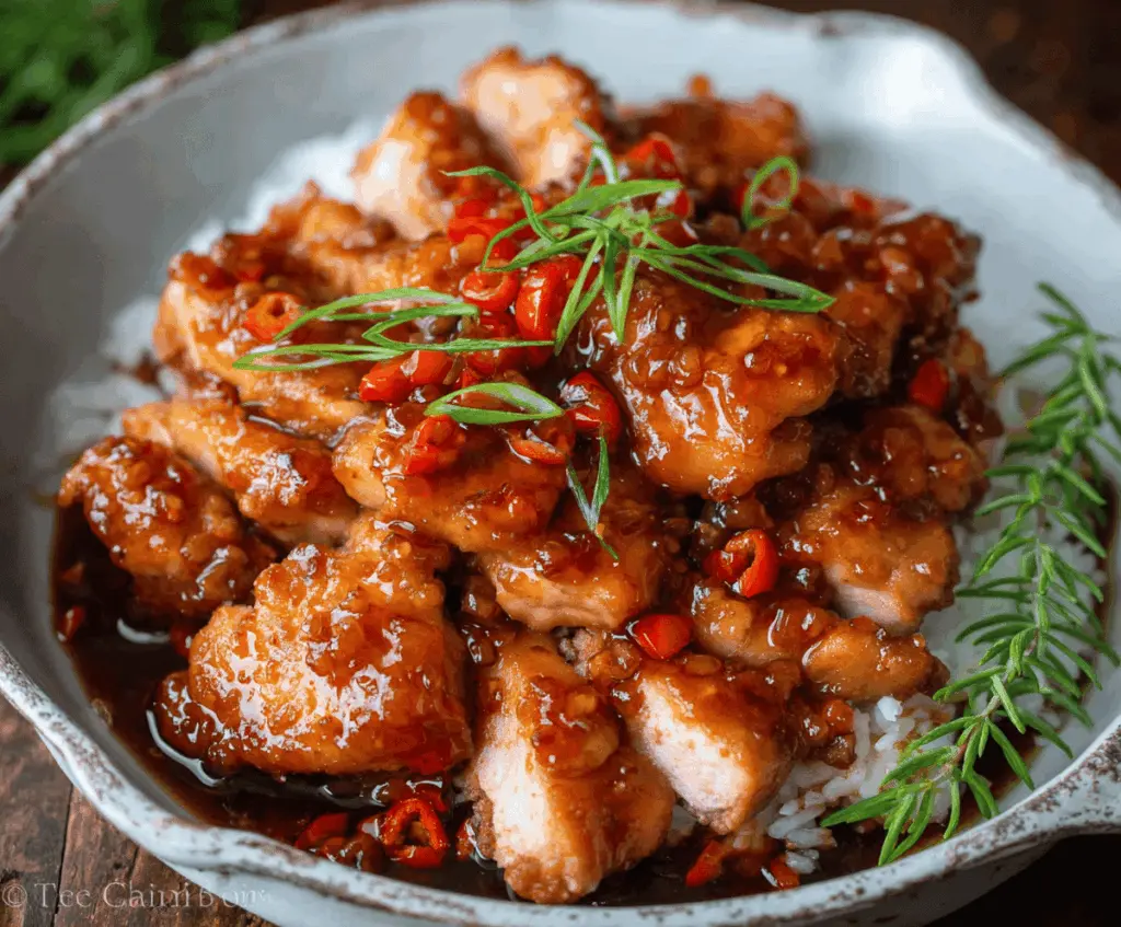Delicious sweet chili chicken served with colorful vegetables on a white plate, perfect for a flavorful meal