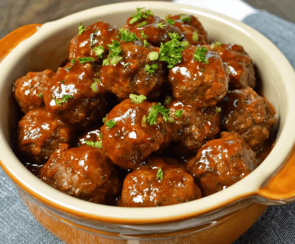 Delicious homemade sweet chili meatballs cooking in a crockpot, perfect for appetizers or dinner