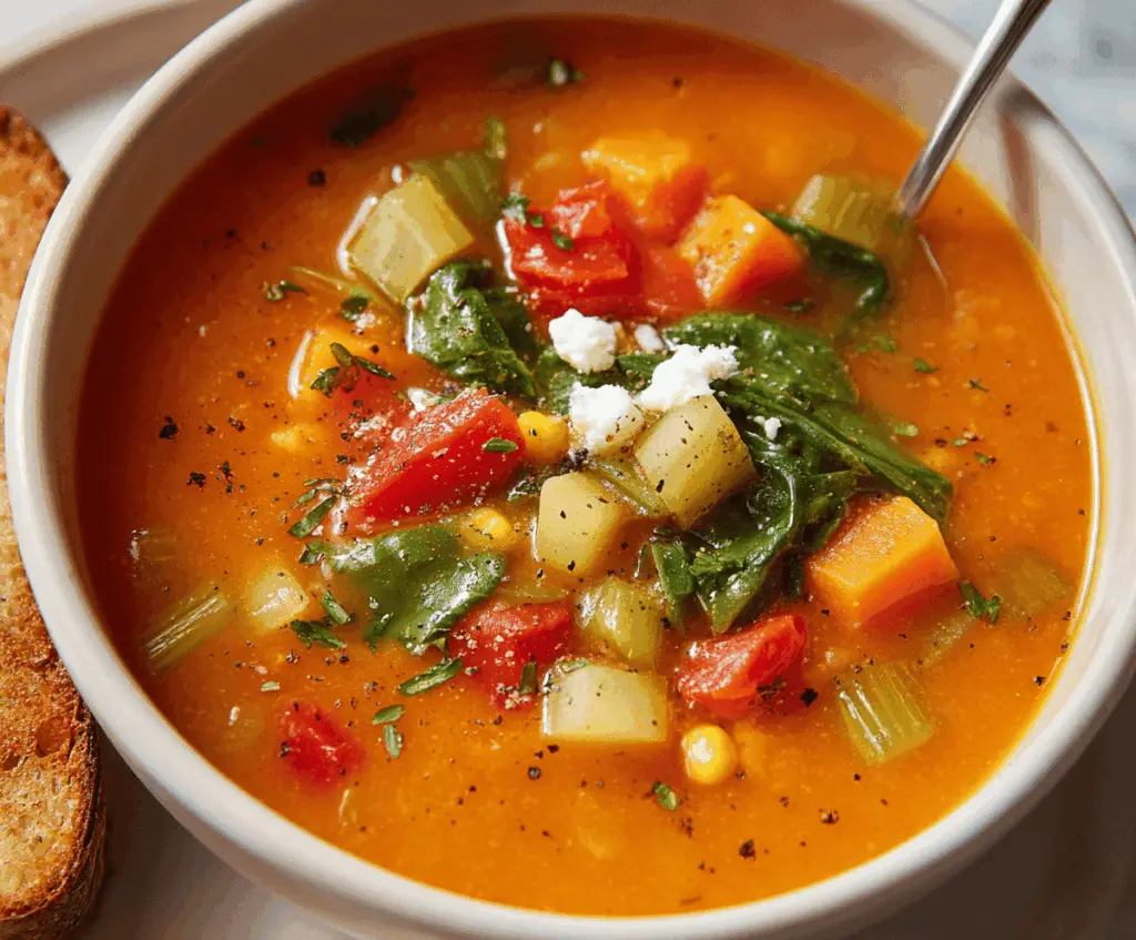 Creamy sweet potato vegetable soup garnished with fresh herbs in a bowl, perfect for a warm, healthy meal.