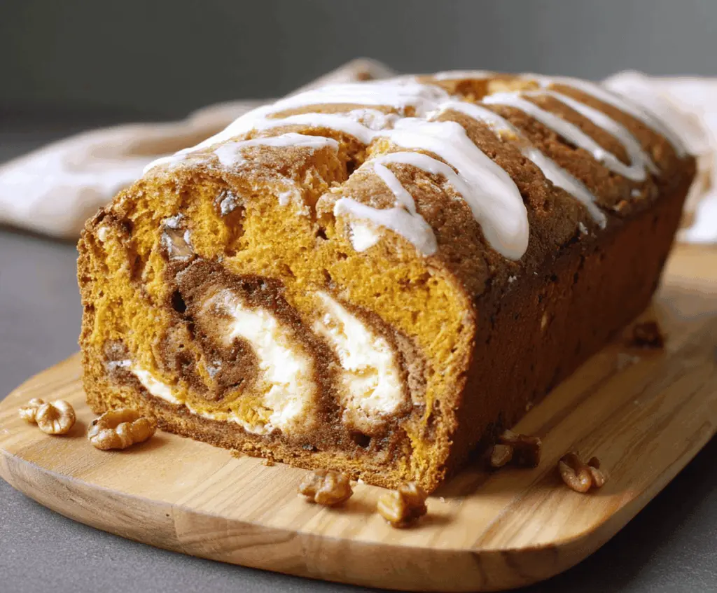 Swirled pumpkin cream cheese bread topped with a cinnamon glaze, showcasing a moist and flavorful fall dessert perfect for baking enthusiasts