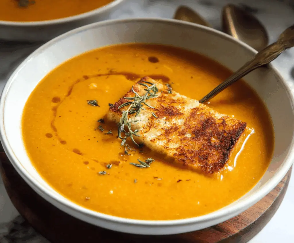 Creamy roasted winter vegetable soup in a bowl, featuring colorful carrots, squash, and leafy greens, perfect for a hearty and healthy meal.