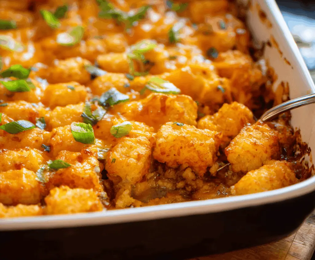 Delicious Tater Tot Casserole topped with melted cheese and crispy golden tater tots in a baking dish