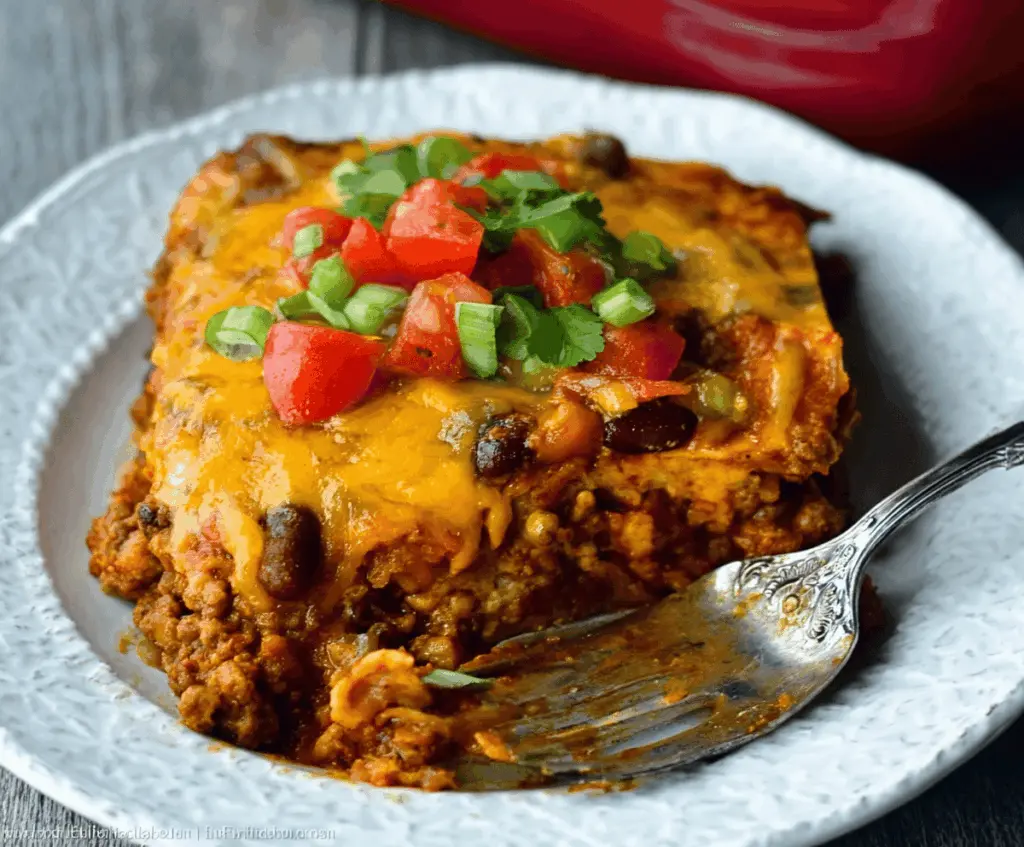 Delicious Beef Enchilada Casserole topped with melted cheese and fresh cilantro, served in a baking dish.