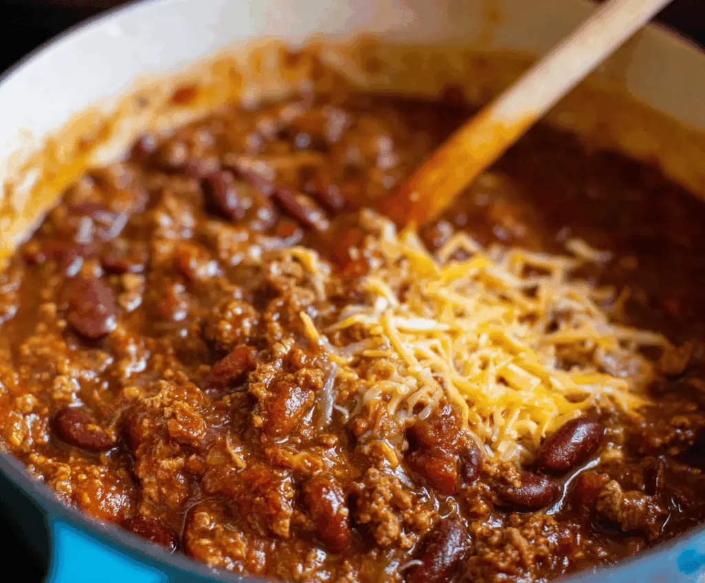 Delicious homemade chili prepared with ground beef, beans, tomatoes, and spices from The Pioneer Woman recipe, perfect for a hearty meal.