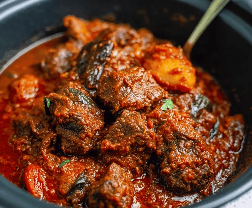 Delicious Nigerian beef stew with tender beef chunks, rich tomato sauce, and colorful vegetables, perfect for sharing