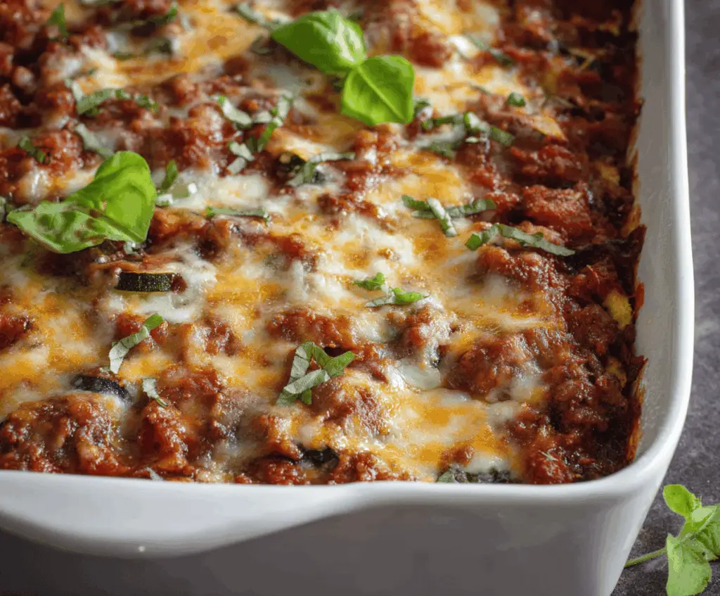 Delicious zucchini pizza casserole with melted cheese, fresh tomatoes, and savory toppings in a baking dish