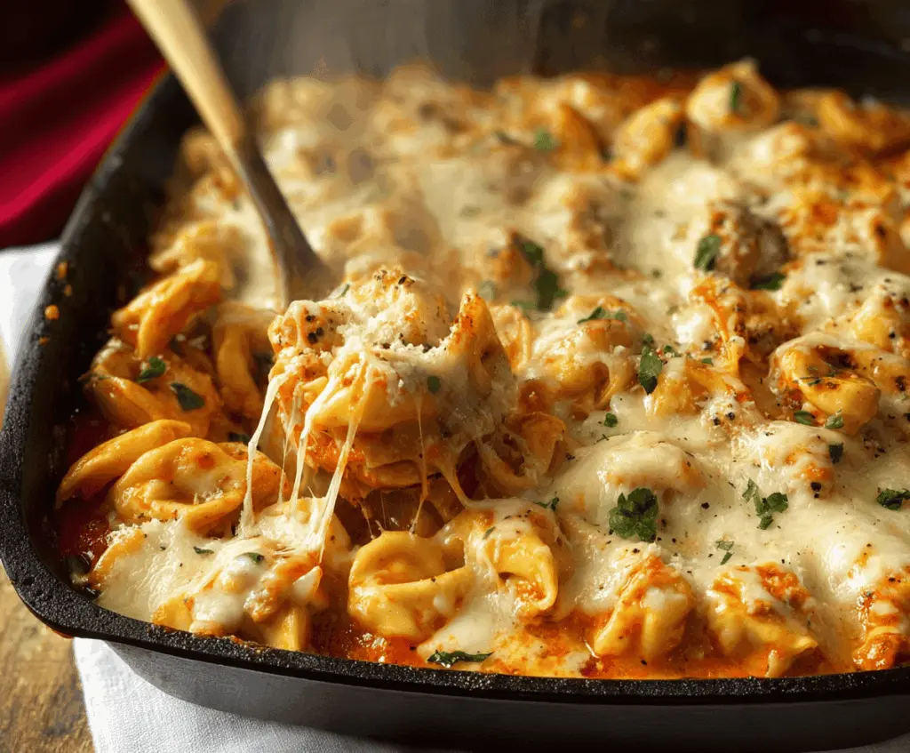 Creamy Alfredo Tortellini Bake topped with melted cheese and fresh herbs, served in a baking dish