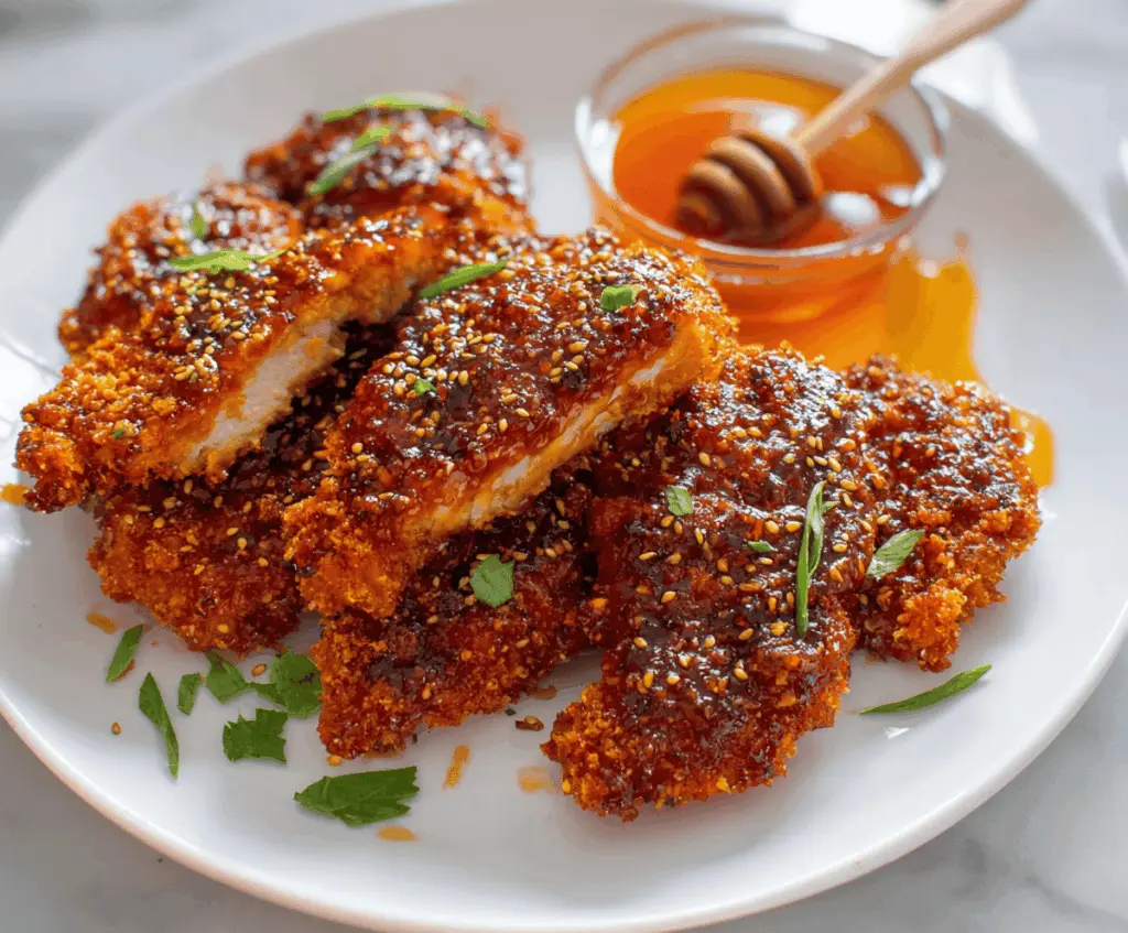 Golden baked crunchy hot honey chicken served on a plate with a crispy coating and drizzled with spicy honey sauce, perfect for a flavorful meal