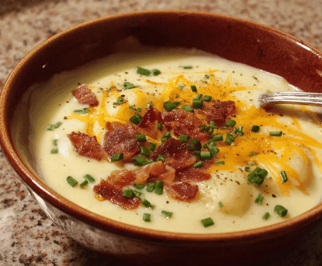 Creamy baked potato soup topped with shredded cheese, chopped green onions, and crispy bacon in a bowl