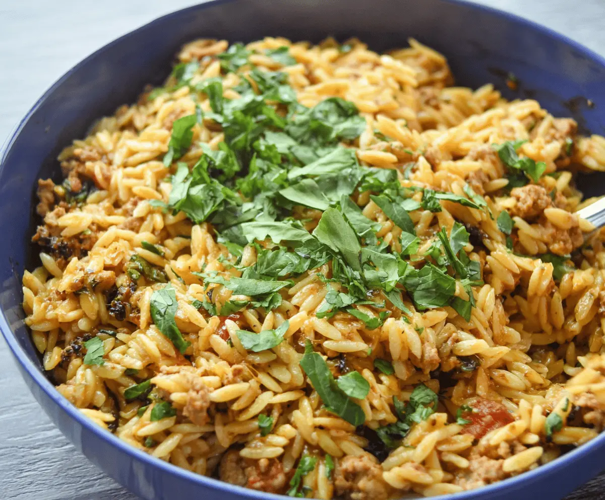 Delicious ground turkey orzo pasta dish garnished with fresh herbs and vegetables, perfect for a healthy and flavorful meal