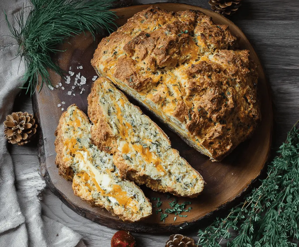 Golden cheddar and fresh herb soda bread loaf, sliced open to reveal a tender, flavorful interior perfect for breakfast or snacking.