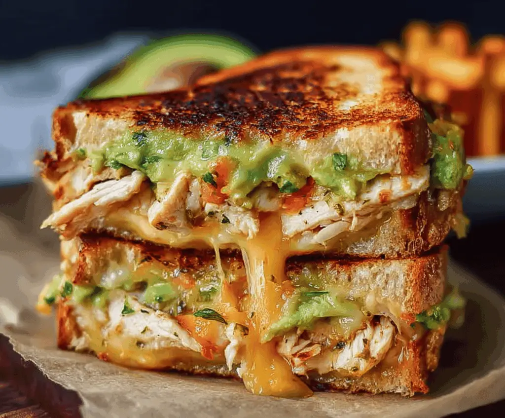 Delicious cheesy chicken avocado melt sandwich with melted cheese, grilled chicken, and fresh avocado on toasted bread, perfect for a satisfying meal