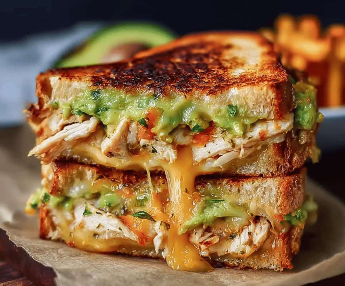 Delicious cheesy chicken avocado melt sandwich with melted cheese, grilled chicken, and fresh avocado on toasted bread, perfect for a satisfying meal