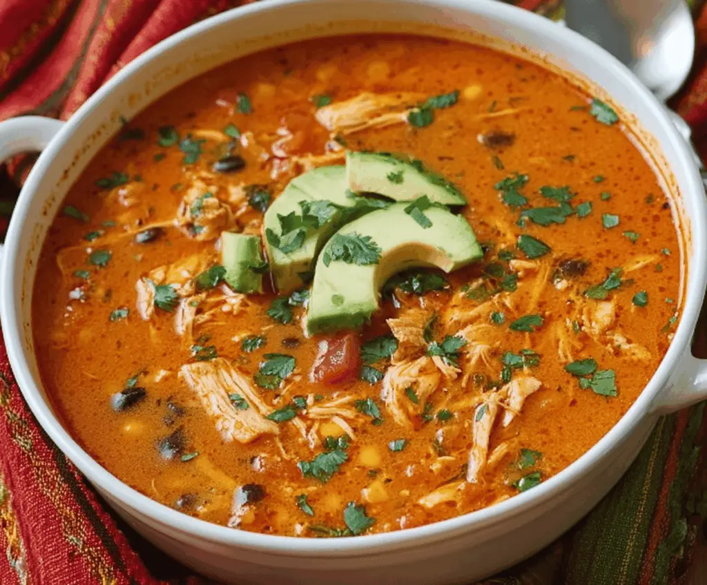 Creamy Chicken Enchilada Soup garnished with shredded cheese, fresh cilantro, and diced tomatoes in a bowl