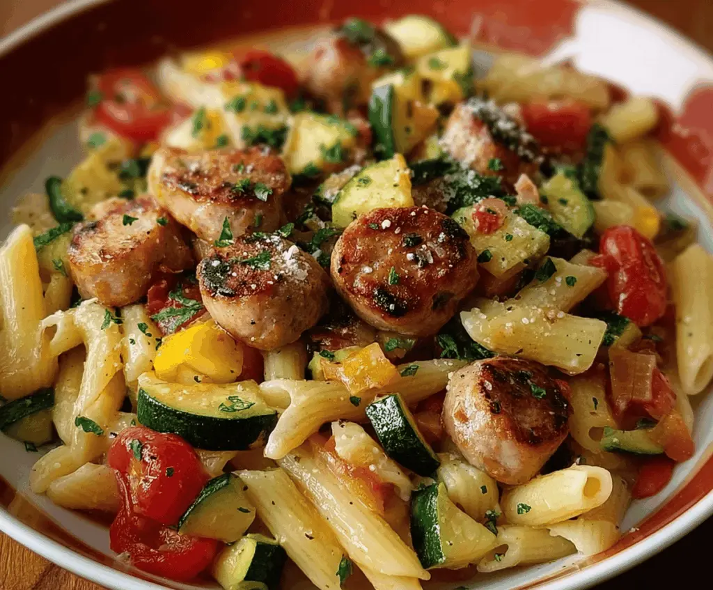 Delicious chicken sausages with fresh zucchini, ripe tomatoes, and cooked pasta on a plate, served as a healthy, flavorful meal