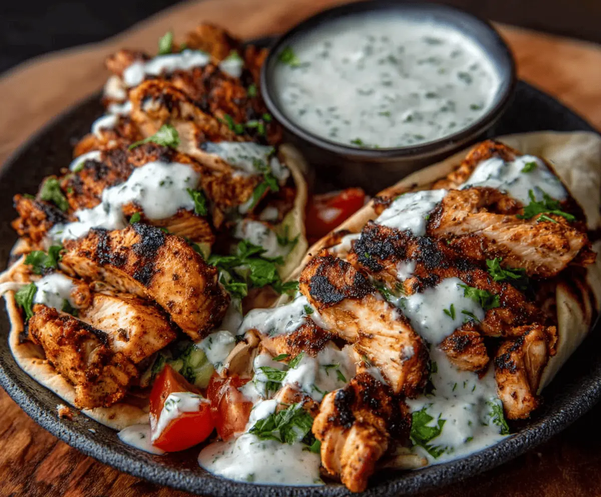 Delicious homemade chicken shawarma with creamy garlic sauce served with fresh vegetables and pita bread