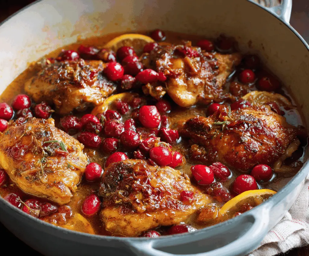 Juicy cranberry orange chicken served with fresh herbs and vibrant citrus slices on a white plate