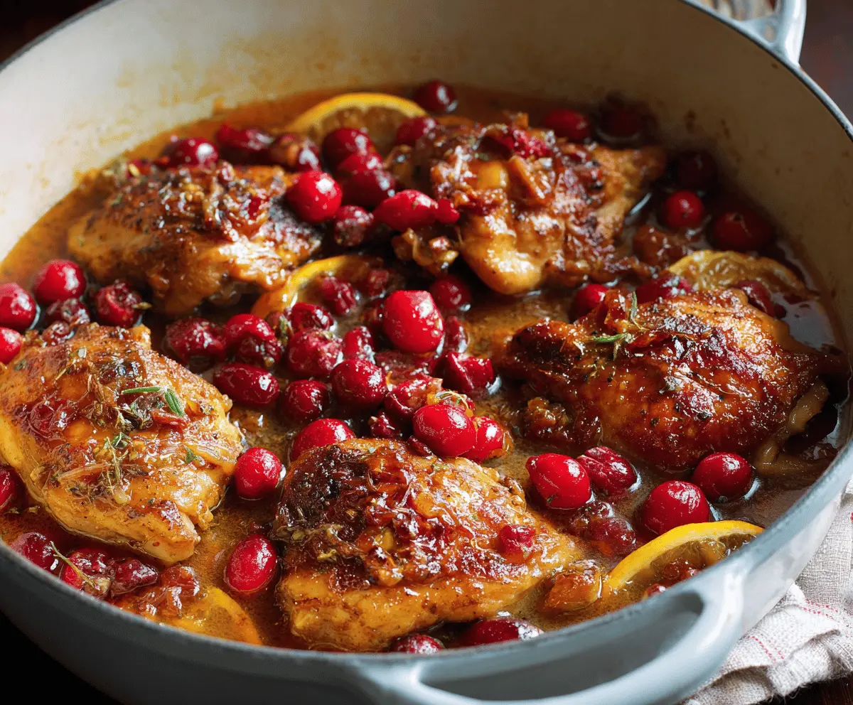 Juicy cranberry orange chicken served with fresh herbs and vibrant citrus slices on a white plate