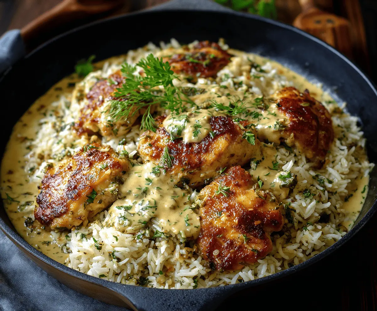 Creamy herb chicken served over fluffy basmati rice in a one-pan meal, featuring fresh herbs and a rich, flavorful sauce for a comforting dinner option.