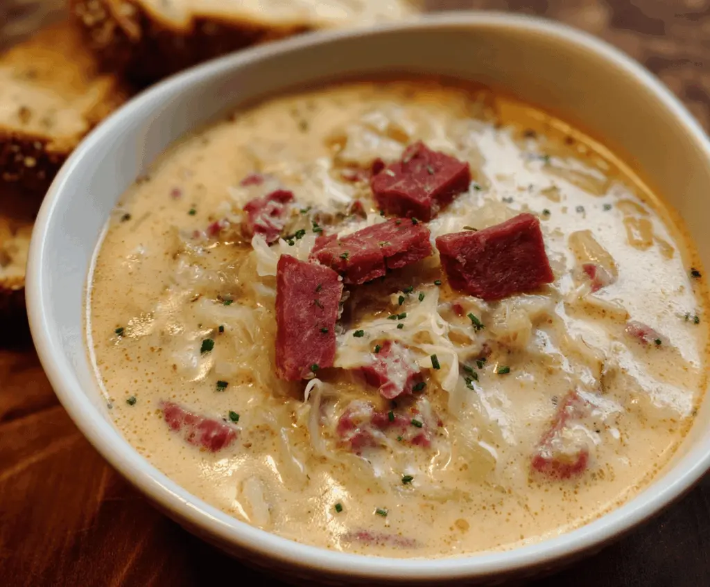 Creamy Reuben Soup in a bowl topped with Swiss cheese, corned beef, sauerkraut, and fresh herbs on a rustic wooden table.