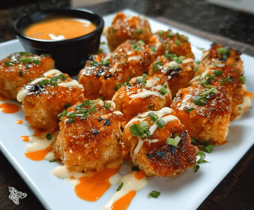 Golden, crispy Bang Bang Salmon Bites served with a spicy mayo dipping sauce on a white plate.