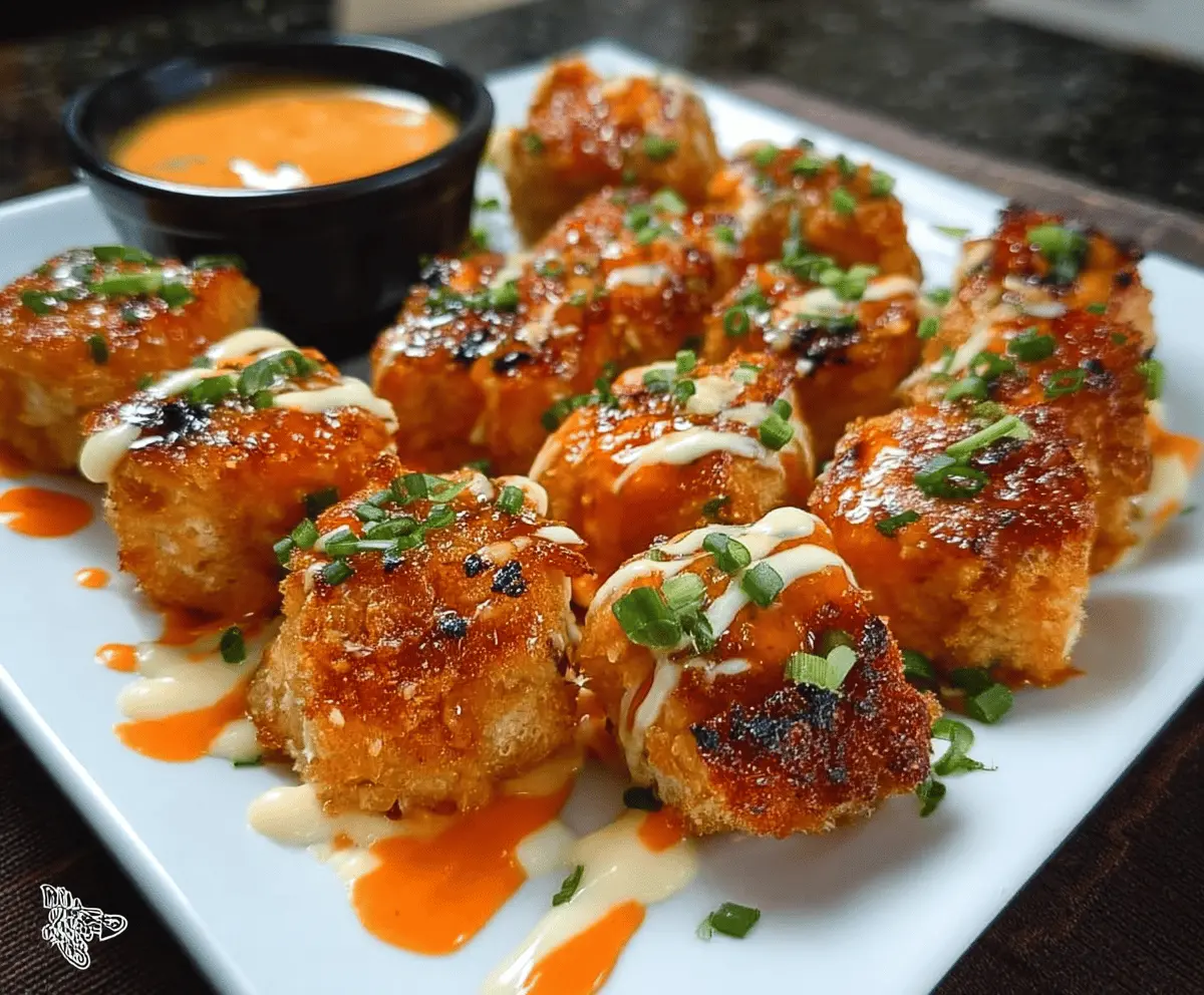 Golden, crispy Bang Bang Salmon Bites served with a spicy mayo dipping sauce on a white plate.
