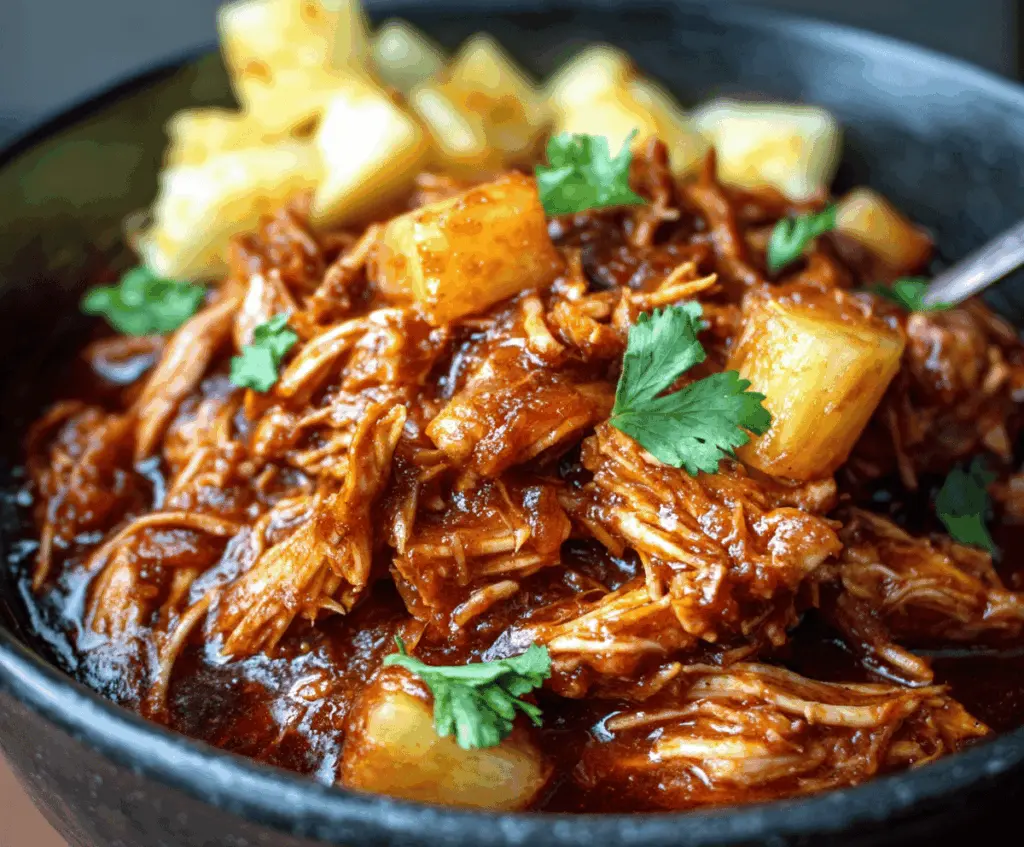 Delicious Crockpot Pineapple BBQ Chicken served on a plate with fresh vegetables, showcasing a flavorful and juicy slow-cooked chicken dish with pineapple and barbecue sauce