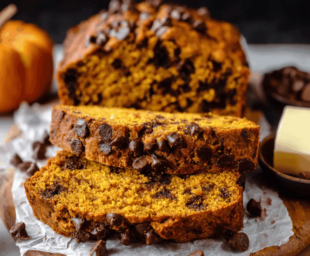 Decadent pumpkin bread topped with chocolate chips, moist and flavorful fall dessert perfect for autumn baking